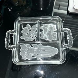 Imperial glass, frosted square divided handled relish dish